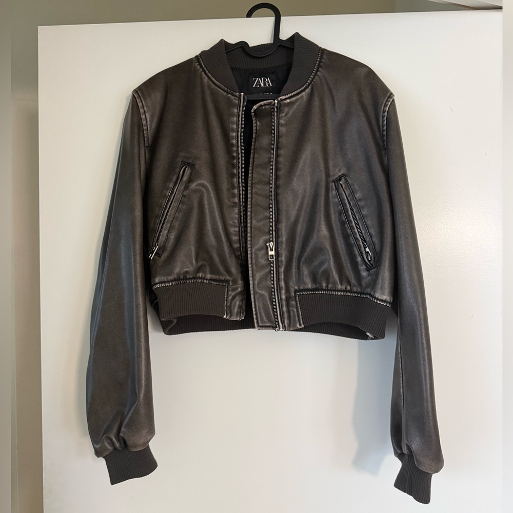 Zara Women's Dark Brown Faux Leather Bomber Jacket